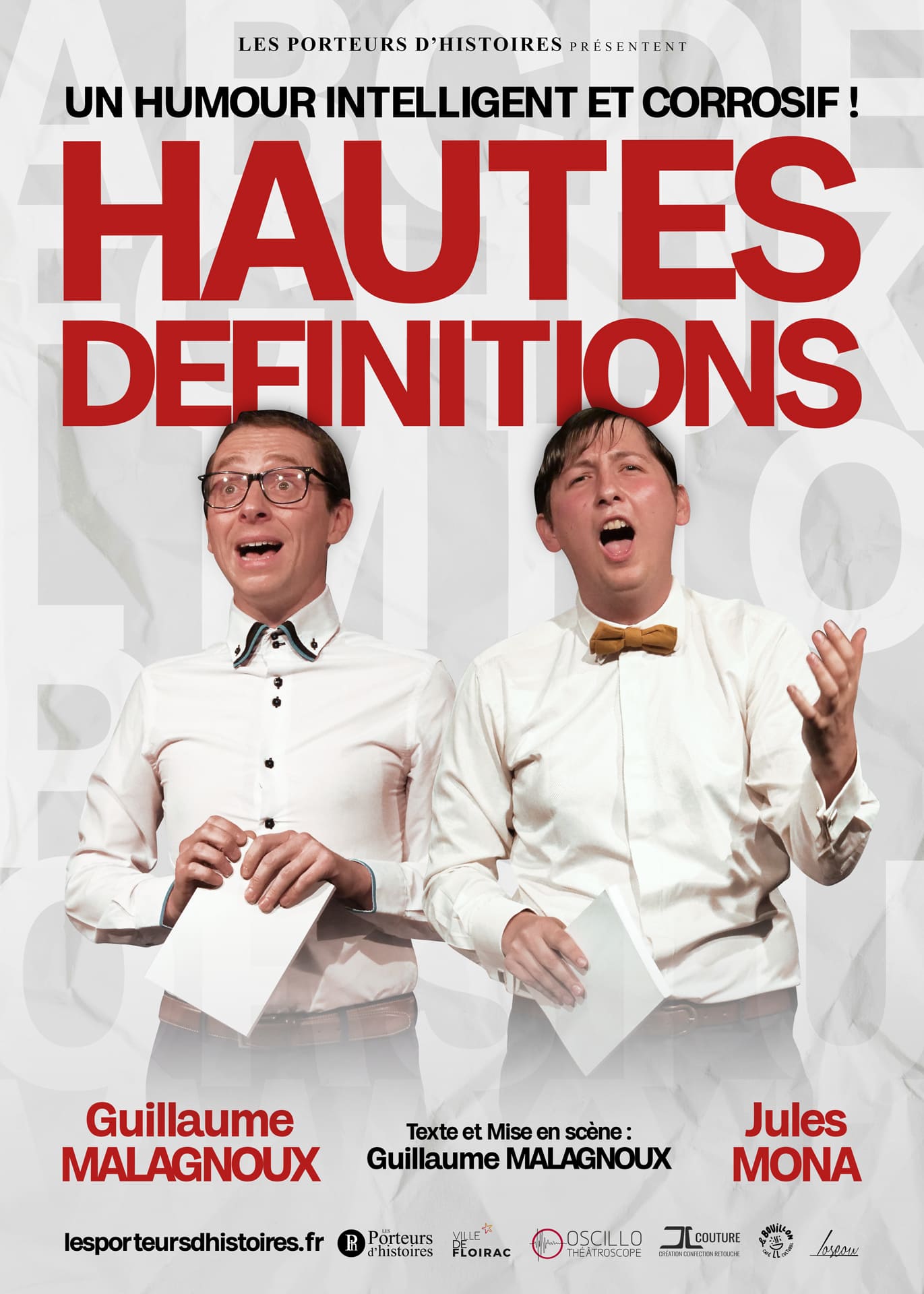 Culture : Affiche de la pièce de théâtre : Hautes Définitions de Guillaume Malagnoux par la compagnie Les Porteurs d’Histoires, Dimanche 26 avril à 16h, dans le cadre de la programmation théâtrale régulière donnée au château de Morin